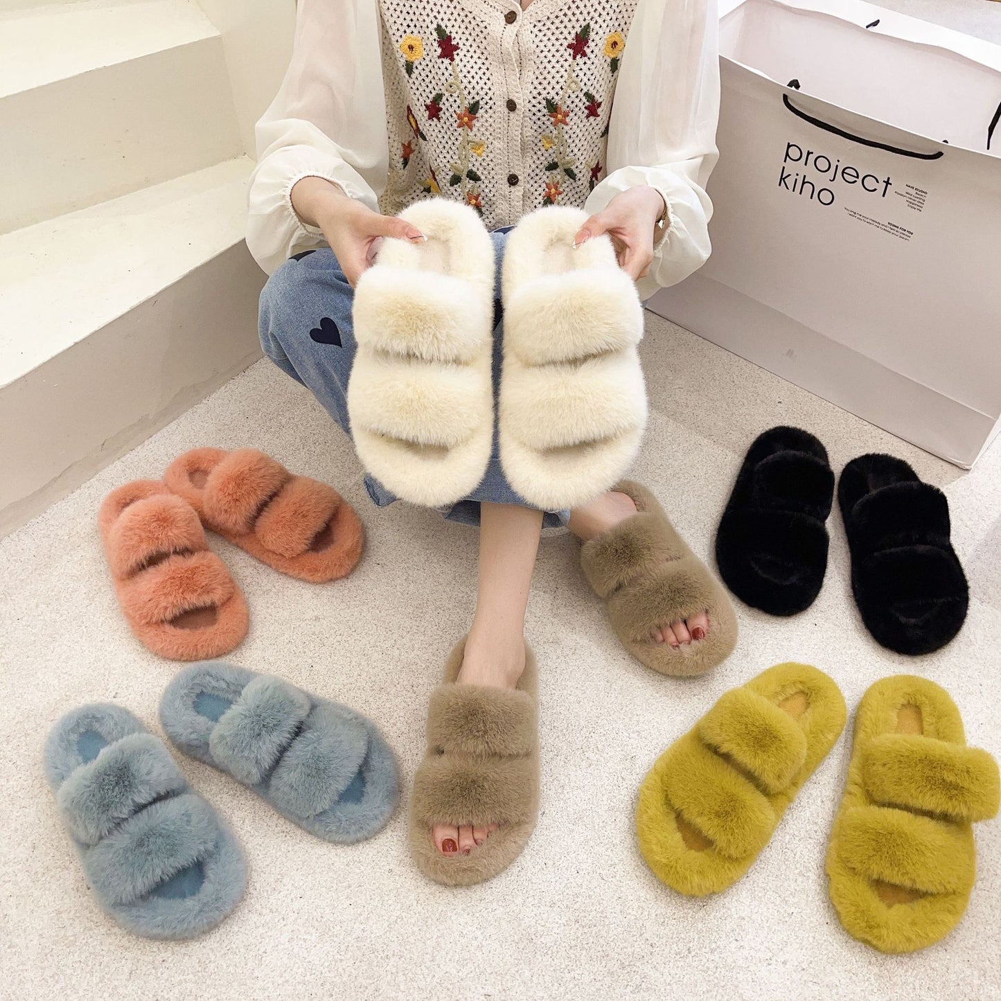 Jane Double Strap Plush Slippers